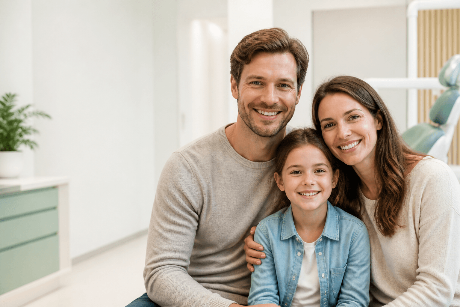Lächelnde Familie in einer hellen Zahnarztpraxis
